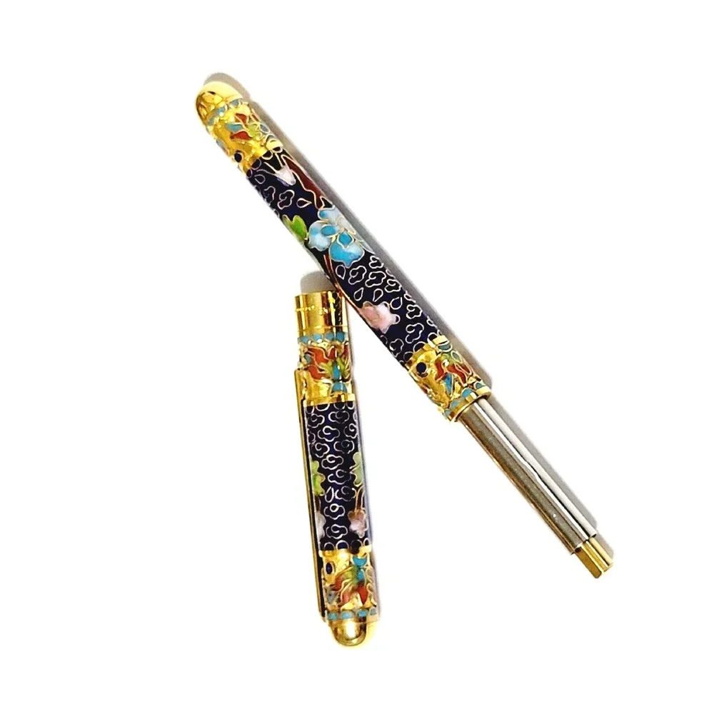 Vintage Blue Ink Pen Floral Cloisonne Retractable Gold Trim Gift Box